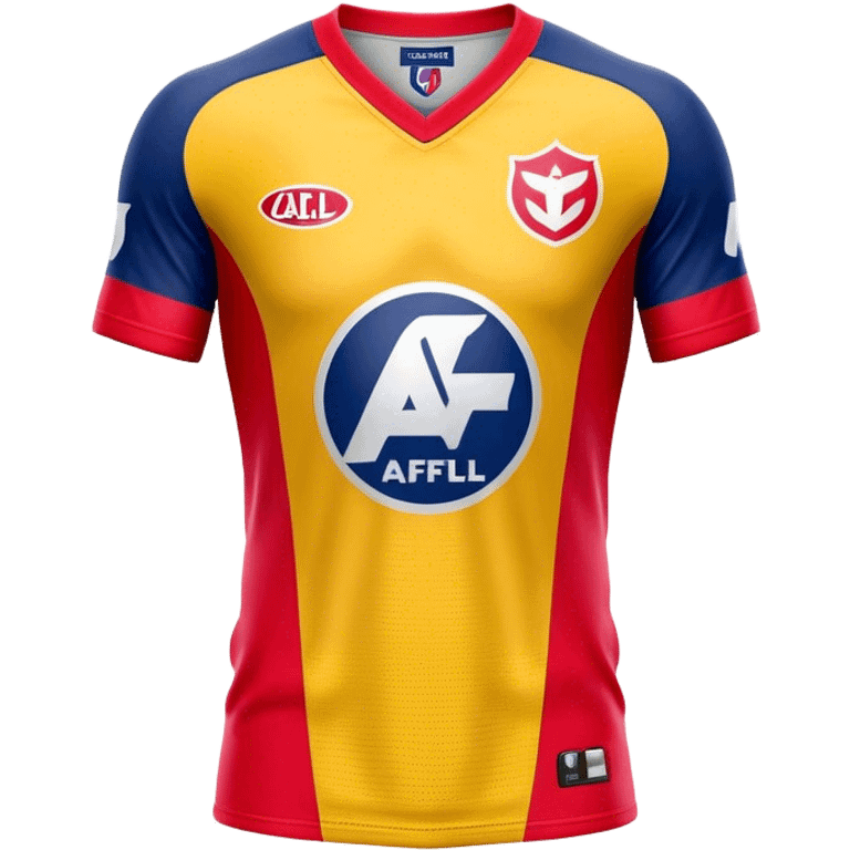 Cinematic Realistic image of an AFL jersey rendered in vibrant team colors with detailed fabric textures and dynamic creases, illuminated by bold, stadium lighting that accentuates its sporty character emoji