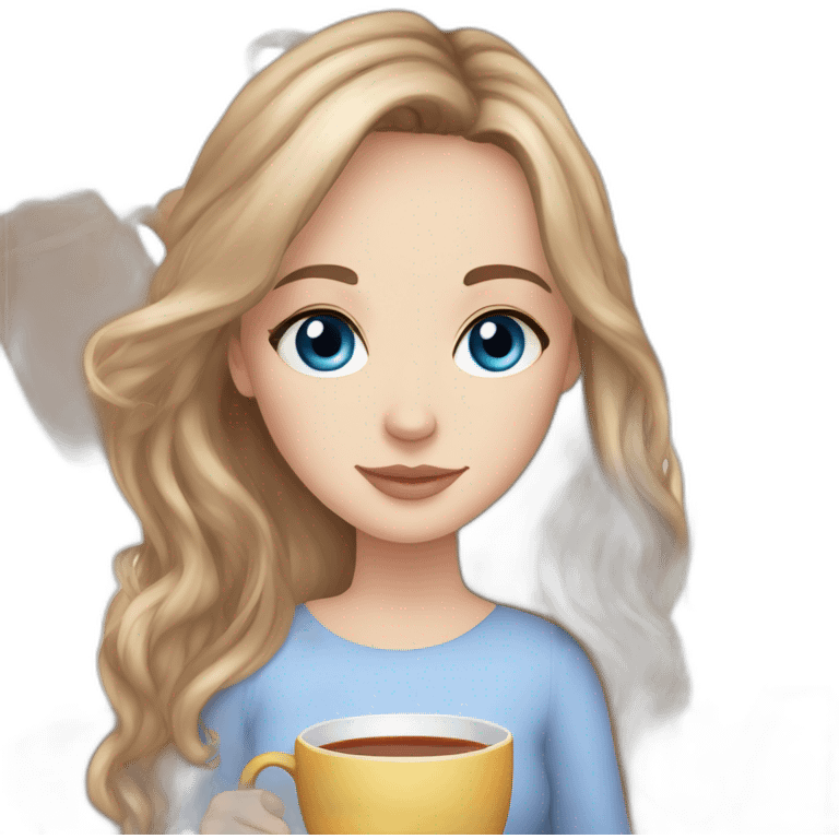 white girl long brown hair blue eyes and cup of tea in hand emoji