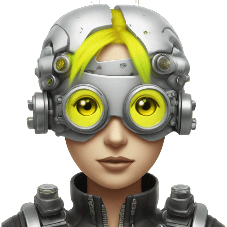 Round faced Caucasian female cyborg head with Neon yellow bobbed hair, silver steampunk goggles and circuits emoji