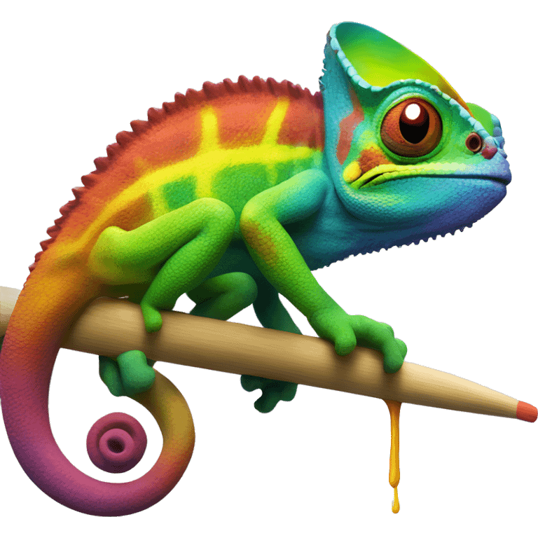 Rainbow Chameleon sits on a brush with paint emoji