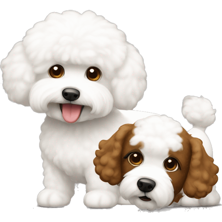 2 dog: white bichon frise and friend brown cockapoo emoji