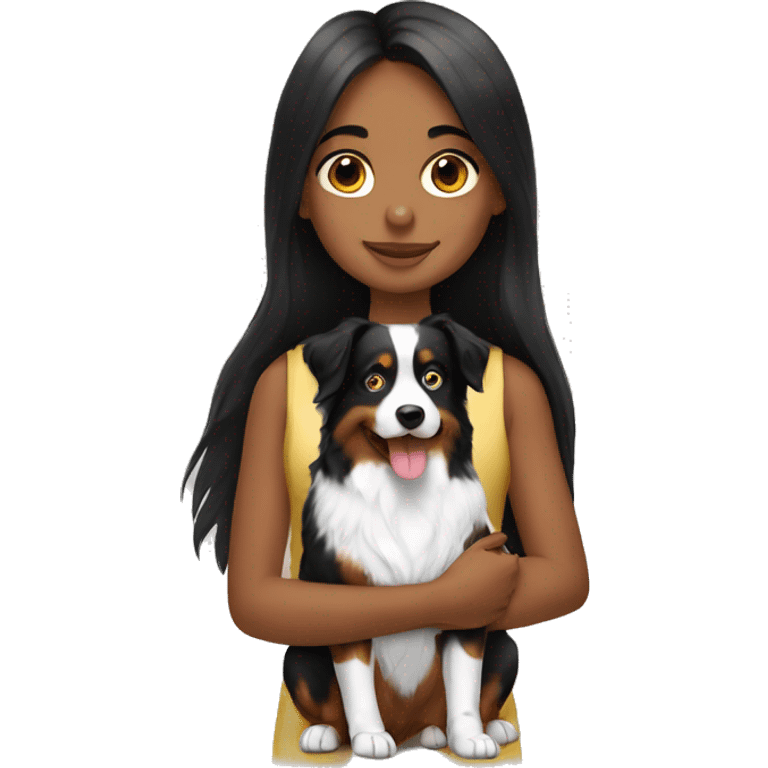 a girl with long black hair holding an Australian shepherd emoji