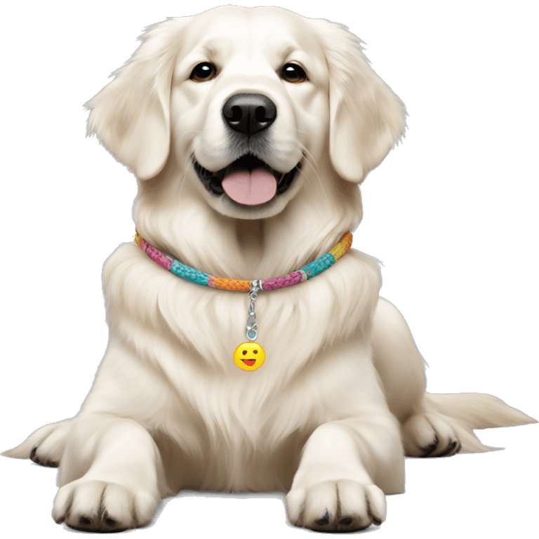 White golden retriever wearing a friendship bracelet emoji