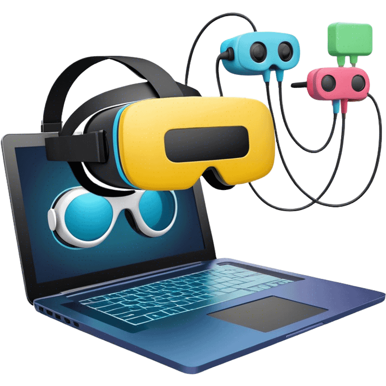 VR headset, wire connected to laptop, laptop screen showing VR/AR modeling software, floating 3D models or virtual objects, modern, tech-inspired colors, no emojis or smiley faces, transparent background. emoji