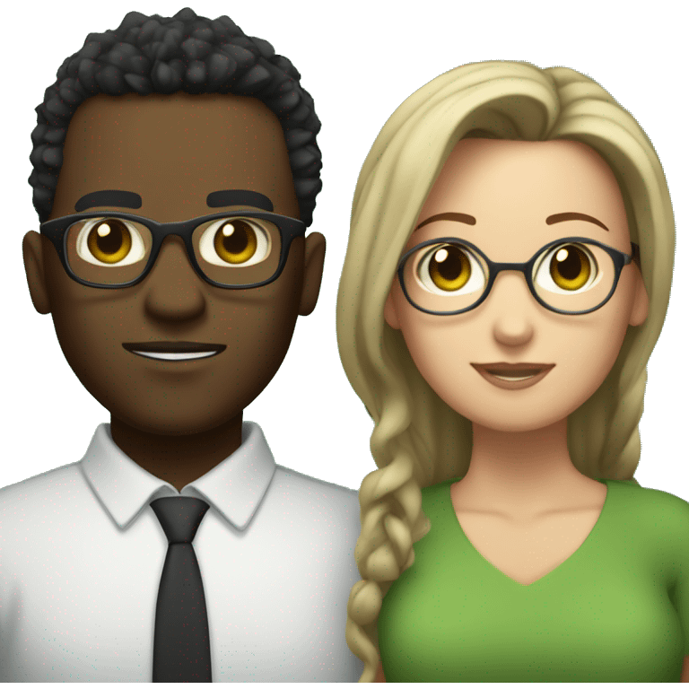 black male with spikey hair and glasses and white female with brown wavy hair , green eyes and glasses emoji