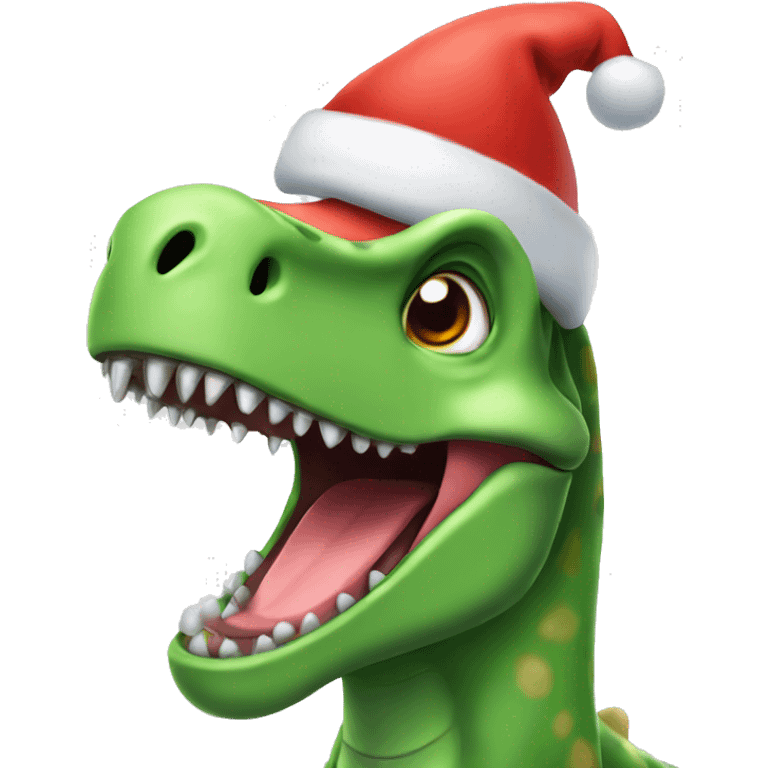 happy dinosaur wearing a christmas hat emoji