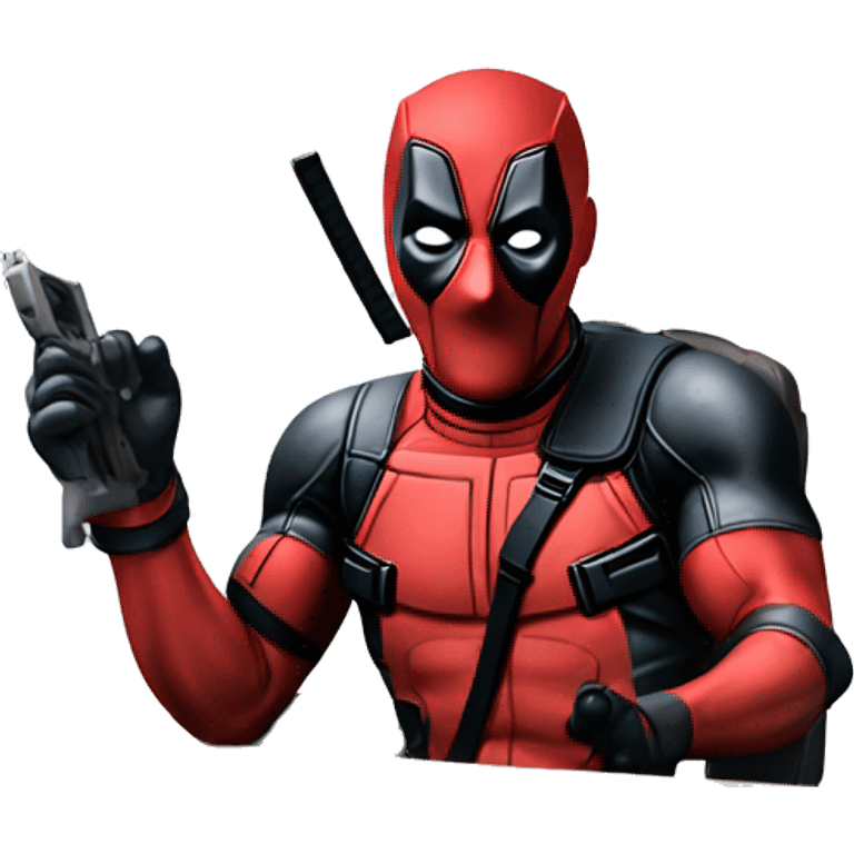 Deadpool holding controller sitting at a desk, front view emoji