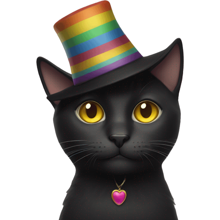 Black cat with yellow eyes and a rainbow hat on top emoji