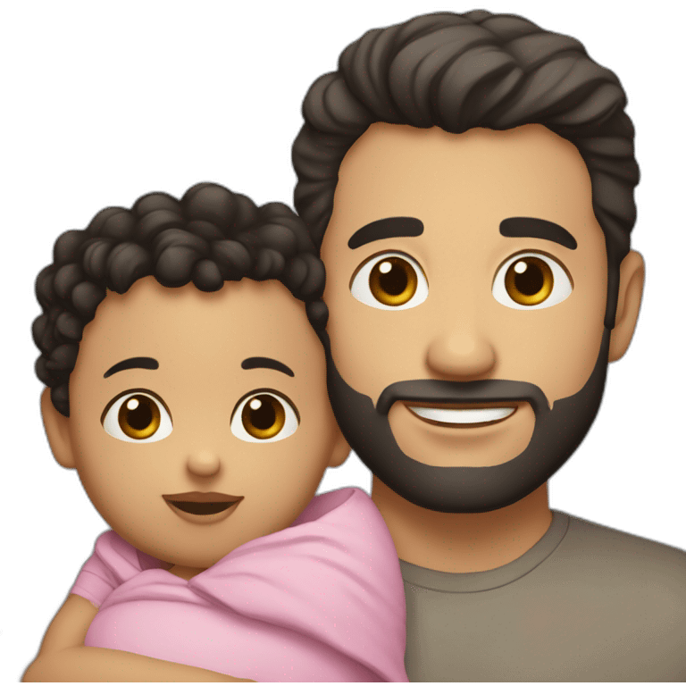 White guy holding a baby girl. The guy has short black hair, brown eyes and a short beard. The baby is a little girl with curly black hair and big brown eyes. emoji