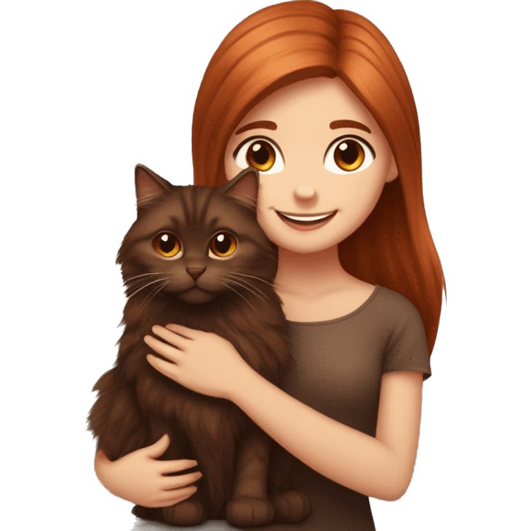 Copper red straight haired happy girl with dark  brown eyes hugging a fluffy dark brown Siberian cat emoji