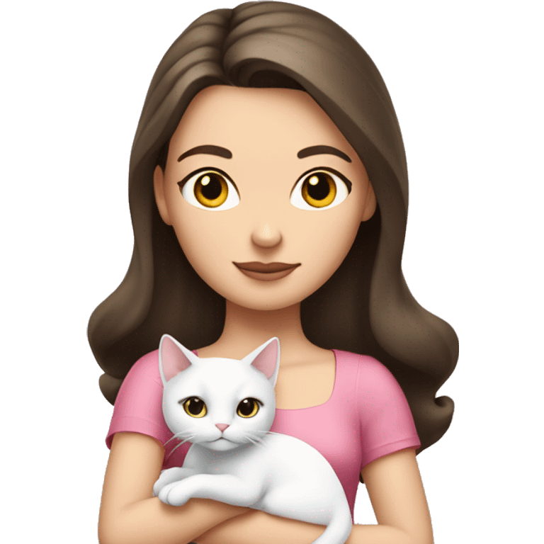 A brunette white girl with pink dress holding a white cat emoji