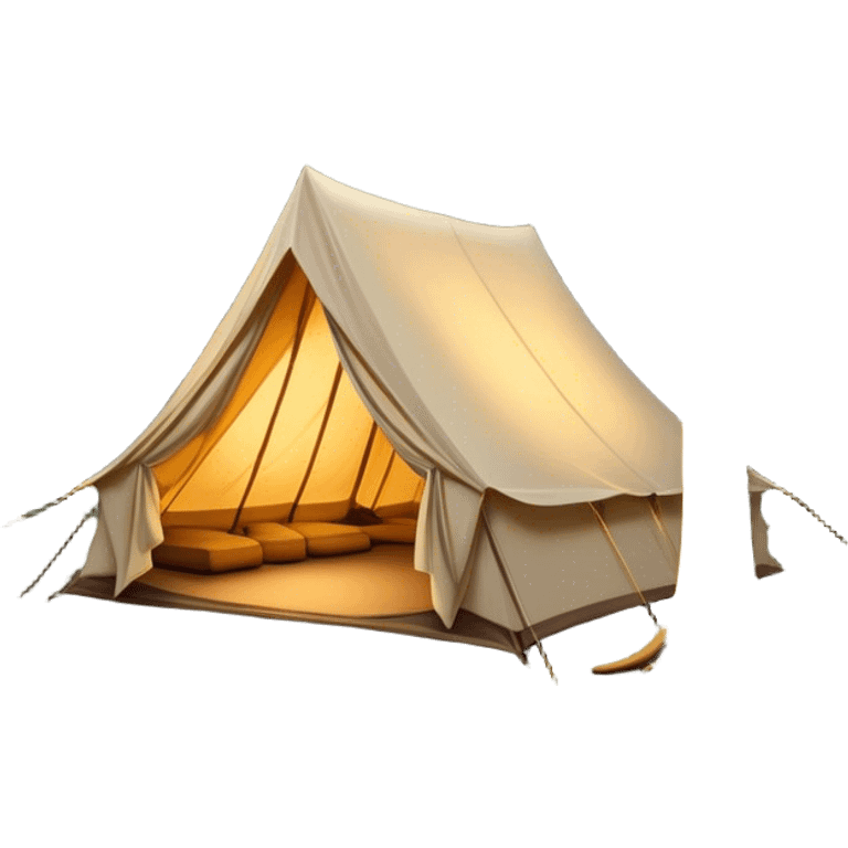 Cinematic Realistic Tent, a sturdy canvas tent nestled among tall trees, warm golden light spilling from inside, gentle folds in the fabric visible, glowing against the cool, dark forest backdrop, evoking a sense of adventure and comfort. emoji