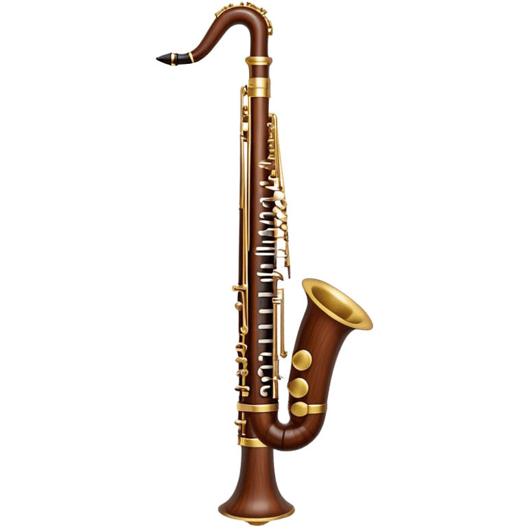 Create an emoji representing a professional bassoon. The design should feature the sleek wooden body of the bassoon with its rich wood tones, showing the intricate keywork and metal springs. The metal tubing of the instrument should be clearly visible, with polished brass accents. Highlight the bell and the distinctive, straight shape of the instrument. The mouthpiece and reed should be visible at the top, emphasizing the functional details. Use warm wood tones like dark brown, with gold and brass accents for the keys and fittings. Add soft musical notes or soundwaves to represent the deep, resonant sound of the bassoon. The background should be transparent. emoji