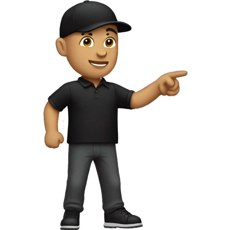 bald man pointing in front wearing a black cap and black polo emoji