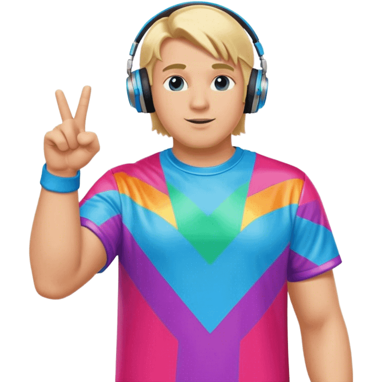 blond big man in colorful dj outfit pointing to side emoji