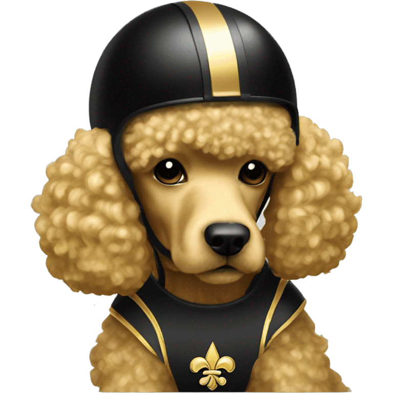 Gold poodle wearing a black football helmet with gold stripe and gold fleur de lis emblem emoji