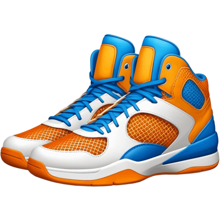 Cinematic Realistic image of a pair of basketball sneakers featuring detailed mesh and leather textures, vibrant color accents and dynamic design lines, illuminated by bold, high-energy arena lighting emoji