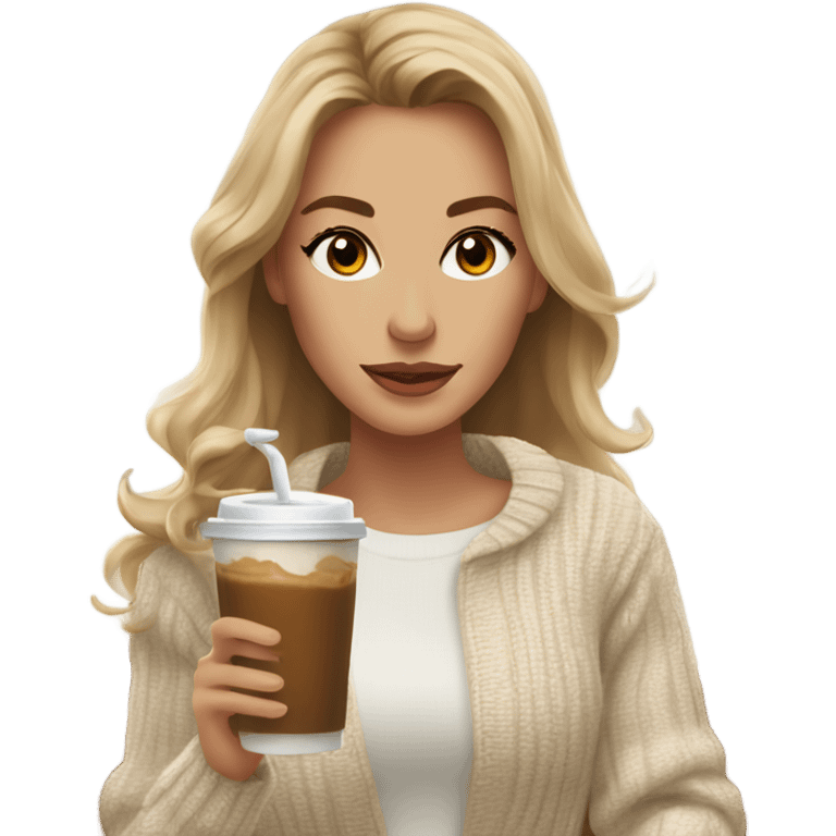 Waist up shot, Beautiful white woman mom, long light brown hair, brown eyes, cozy holding an iced coffee, white sweater emoji