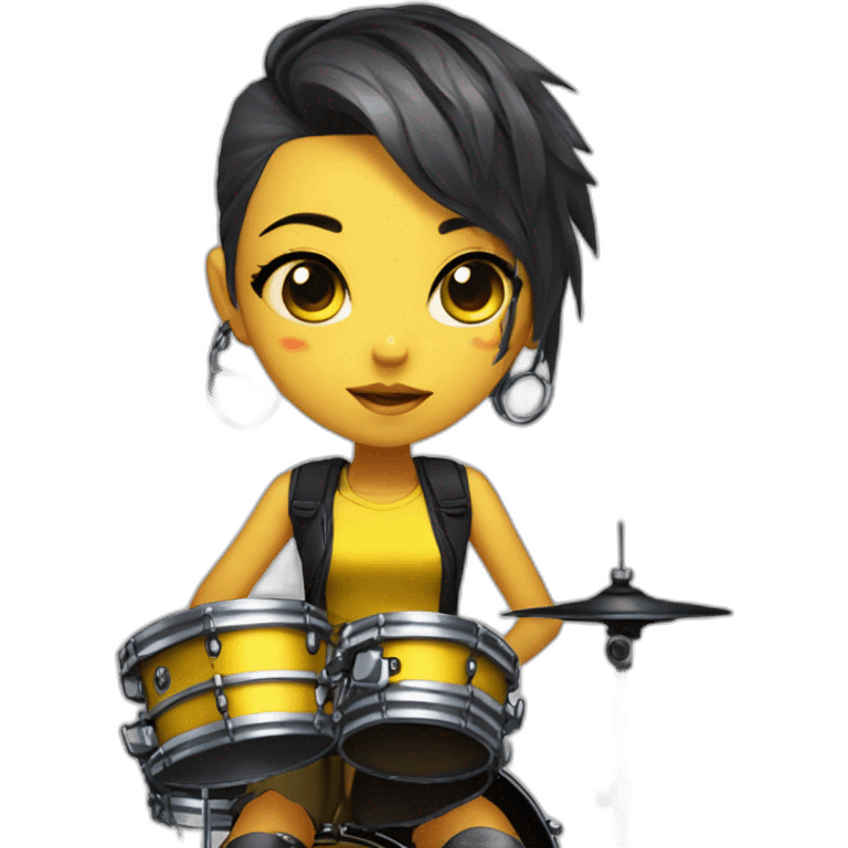 cute punk girl in yellow dress dark skin with yellow eyes and dark curvy hairs drummer anime style emoji