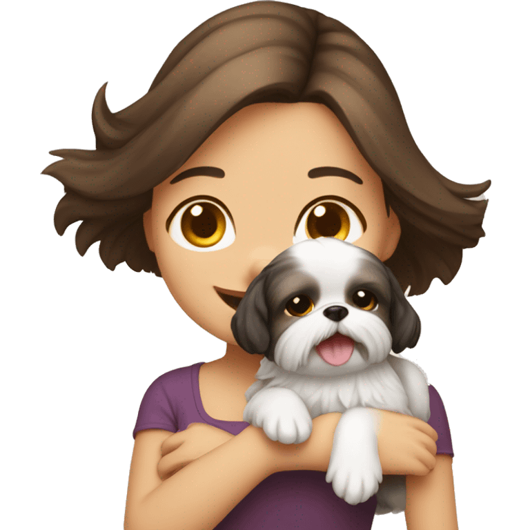 happy brunette girl carrying happy Shih Tzu emoji