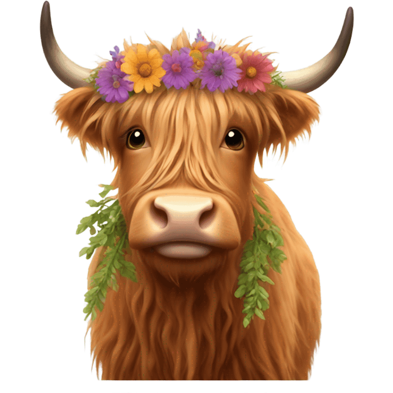 Highland cow with a flower wreath emoji