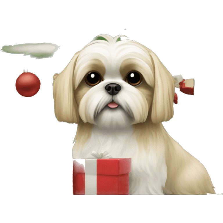 Blonde Shih tzu in front of a Christmas tree with presents emoji