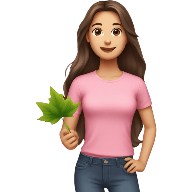 brunette long hair pink shirt, leaf in hand emoji