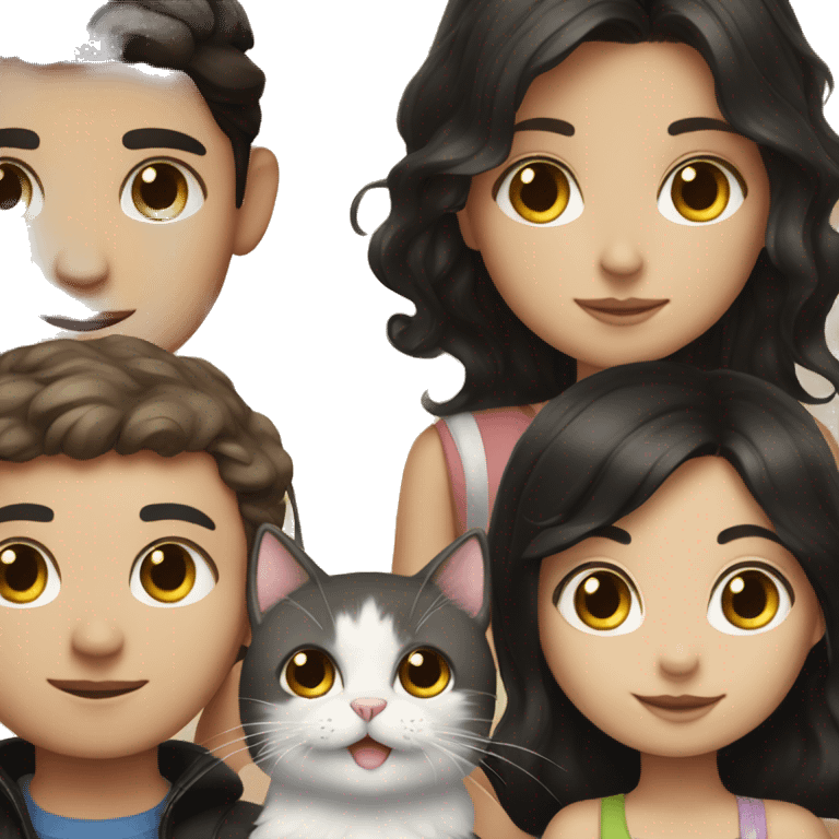 Girl and boy with dark brown hair and black and white cat emoji