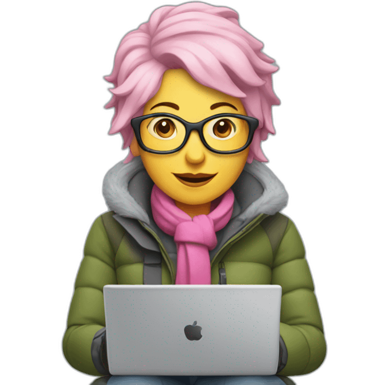 Middle aged woman with pink Hair with Grey laptop and skis emoji