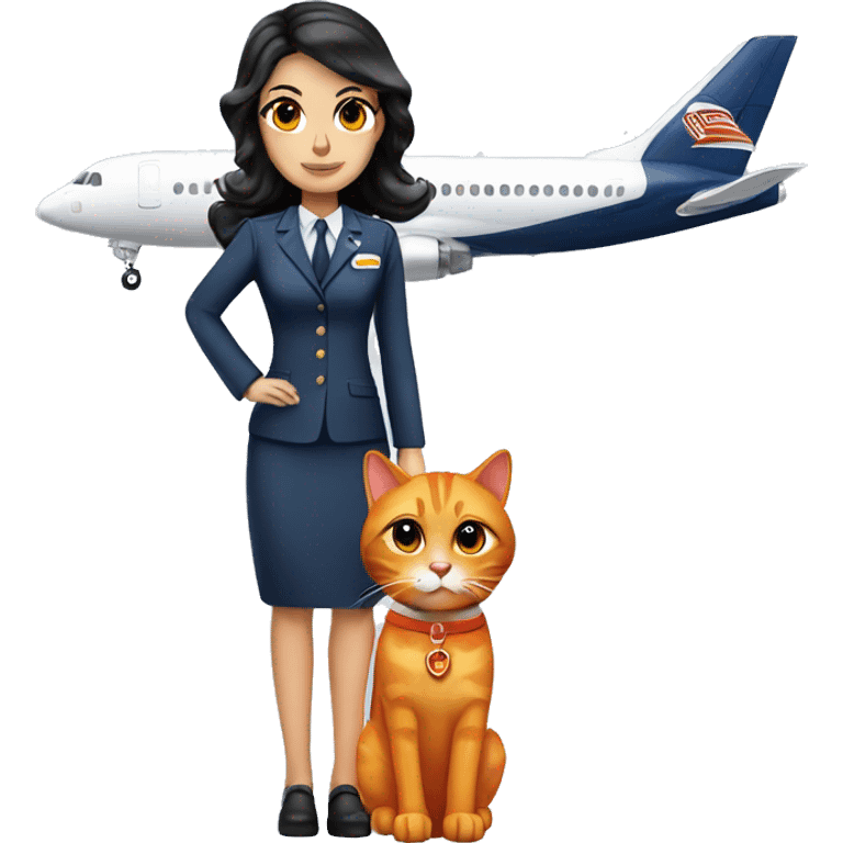 Dark hair brown eyed flight attendant with an all orange cat emoji