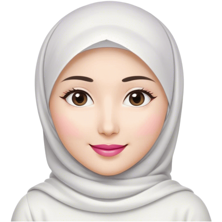 Asian white woman hijab, her hijab color are white, her face is small oval, her lips are pink, her eyes are shining, her face looks happy showing her teeth, her eyes are also smiling, her outfit color are white emoji