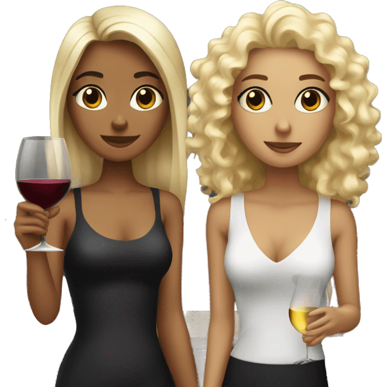 a girl with blonde curls and a girl with black straight hair both drinking wine emoji