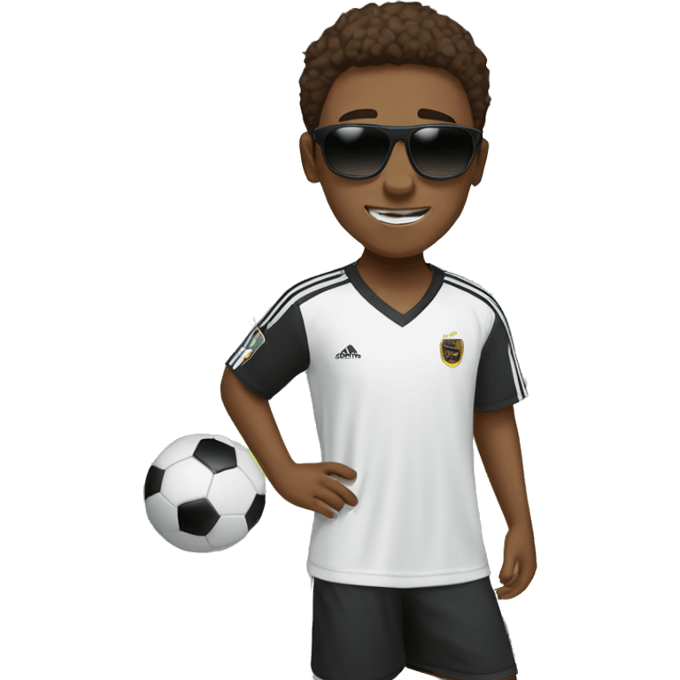 boy with brown hair and brown eyes and brown skin playing soccer with dark sunglasses on and a white jersey  emoji