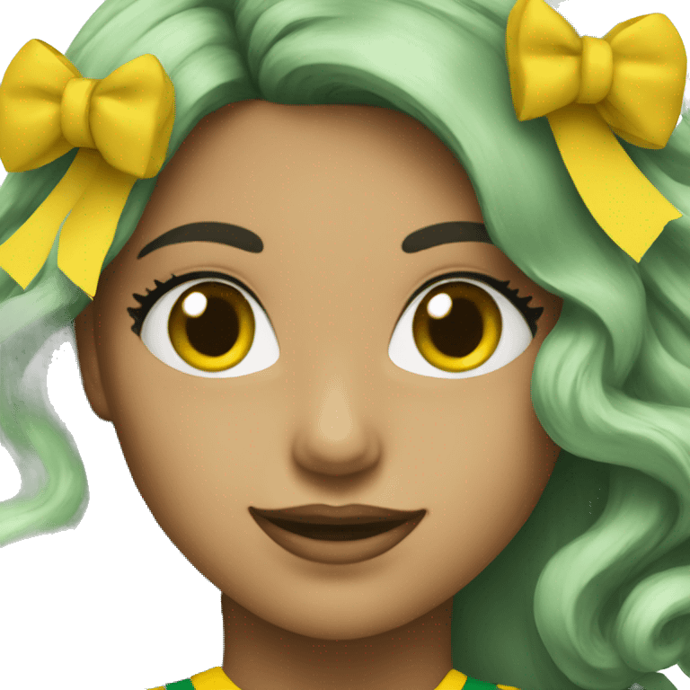 Cheerleader with green and yellow uniform and poms emoji