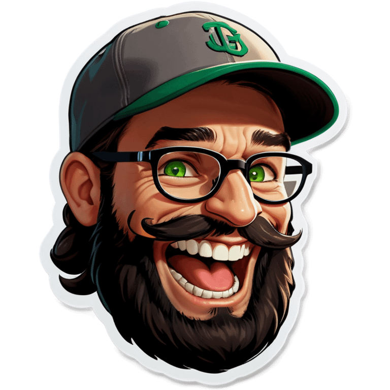 A man with a grey baseball cap, green eyes, big dark brown beard and glasses, laughing emoji