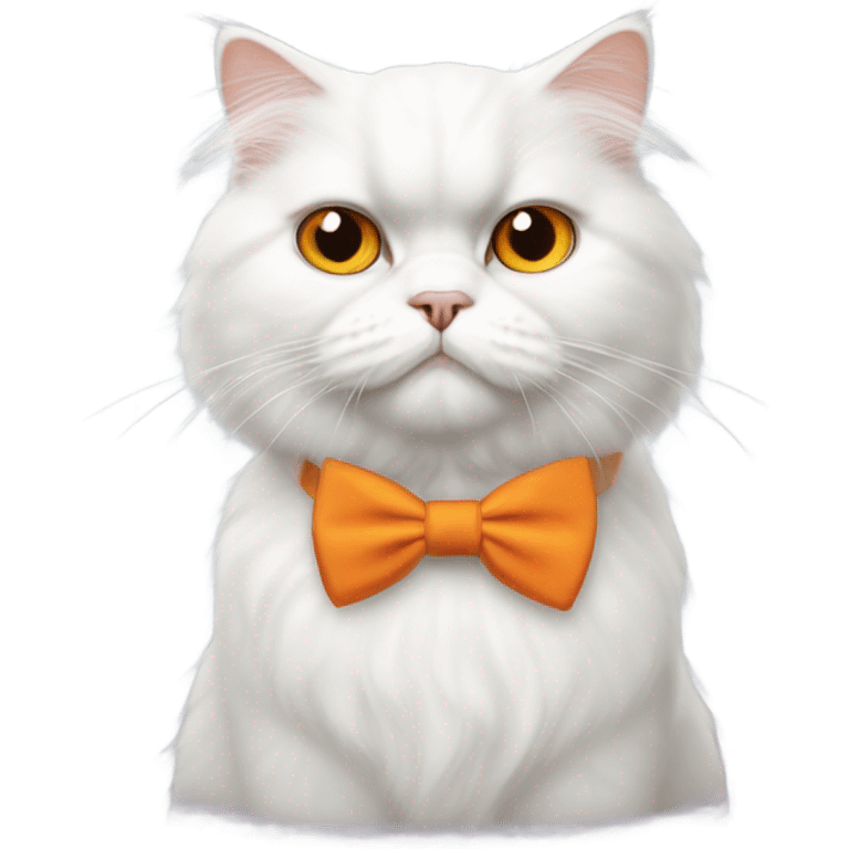 White persian cat with orange eyes, orange patch on head, and bowtie emoji