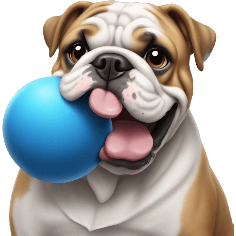 English bulldog playing with big blue ball emoji