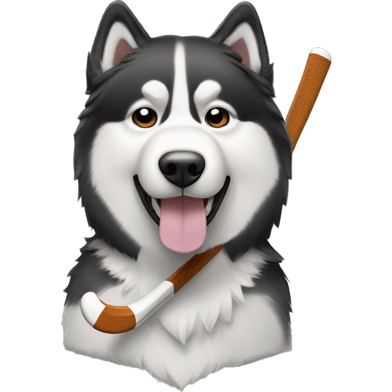 Black and White alaskan malamute with hockey stick emoji