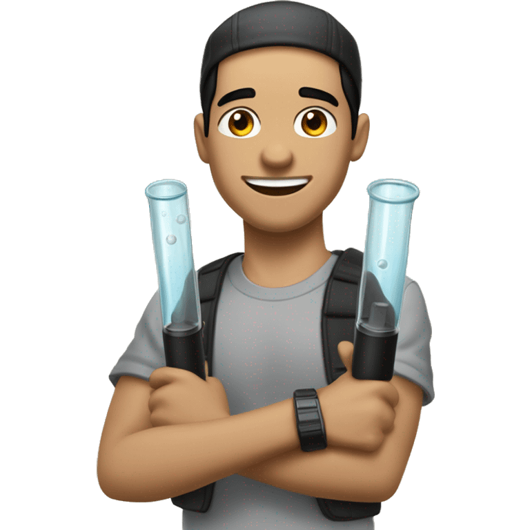 "Light-skinned Latino male with short black hair, wearing a backward cap front to back. Brown eyes, slightly thick lower lip, smiling. Holding a test tube in one hand and a video game controller in the other. Cartoon style emoji