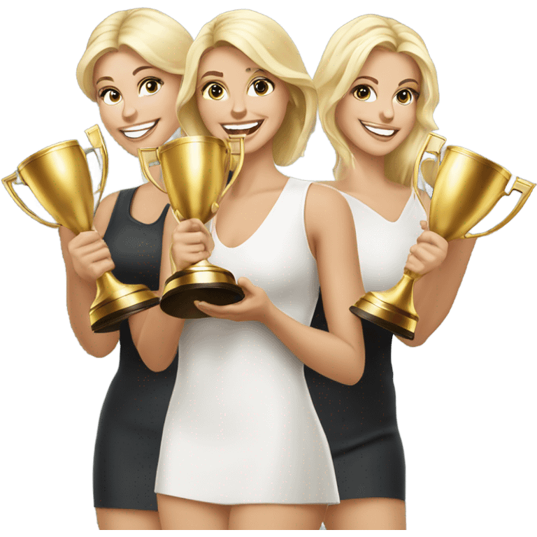 Six beautiful blonde women celebrating with huge golden trophy emoji