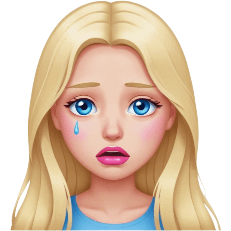 A beautiful blonde girl with long hair, blue eyes, pink lips is crying emoji