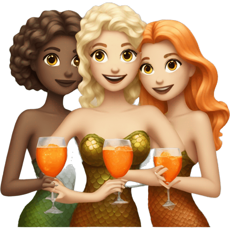 Three beautiful mermaids (light skin) drinking aperol emoji