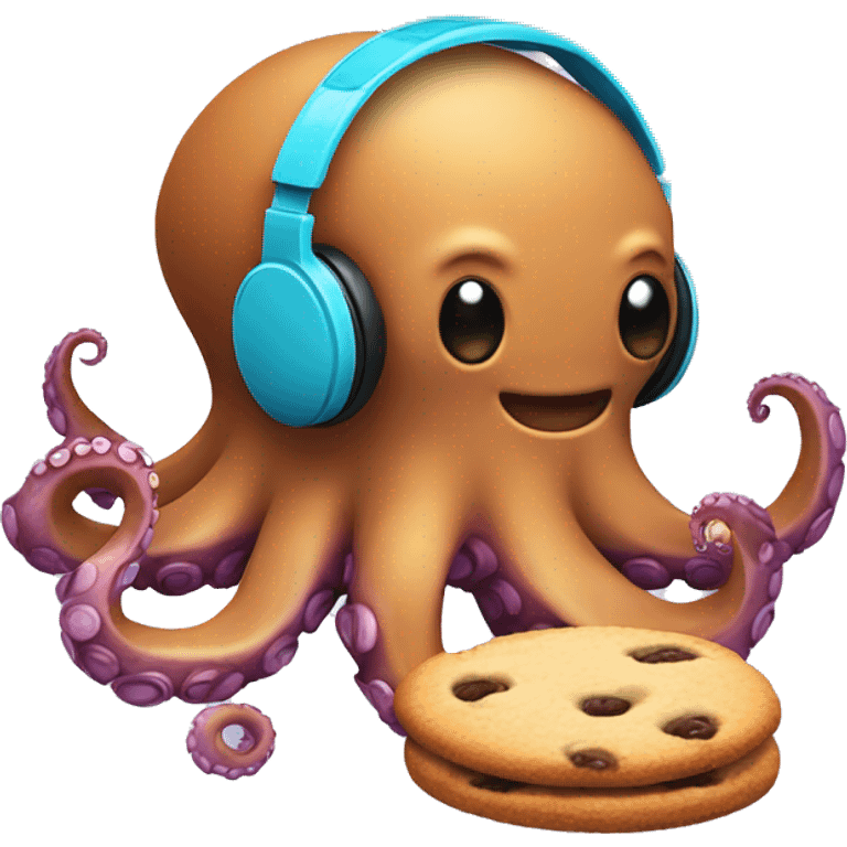 Octopus with headphones enjoying music while eating a cookie emoji