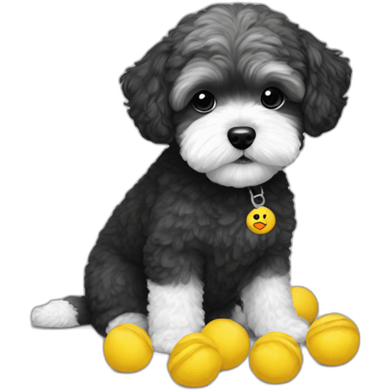 Maltipoo, black and white, with MAY t-shirts emoji