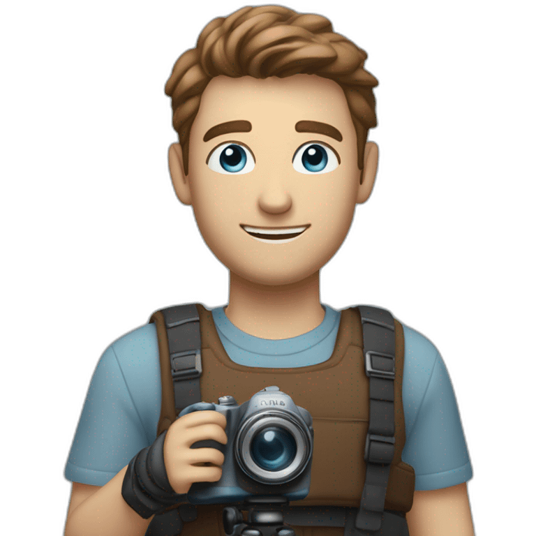 man with camera, he was smiling and he have brown short hair, blue eyes and he was tall. up camera there is a text "dir by mlodyw"  emoji