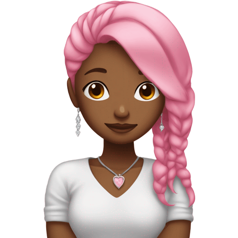 create a girl with pink hair, earrings, who hugs herself, her eyes are covered and her head is slightly bowed on her shoulder. The pose should reflect self-love emoji