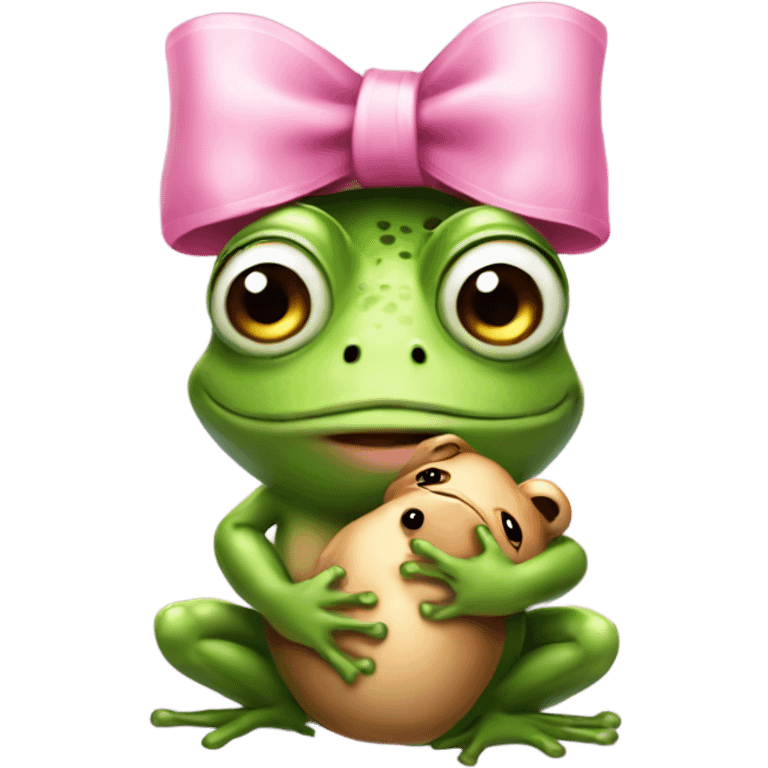 Frog wearing pink bow on head while holding teddybear in his hands emoji