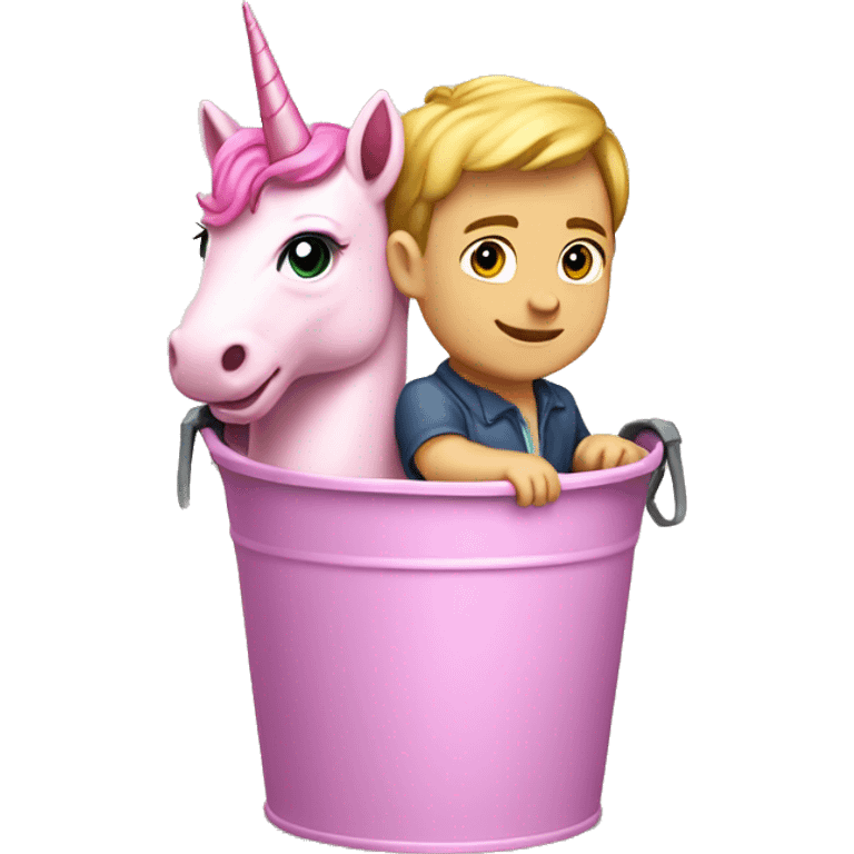 A Caucasian Burnett, baby riding a pink unicorn in a bucket emoji