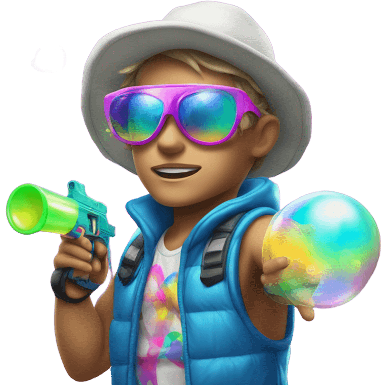 Caucasian boy in glowing rave gear with sunglasses and mask and hat and shooting a bubble gun emoji