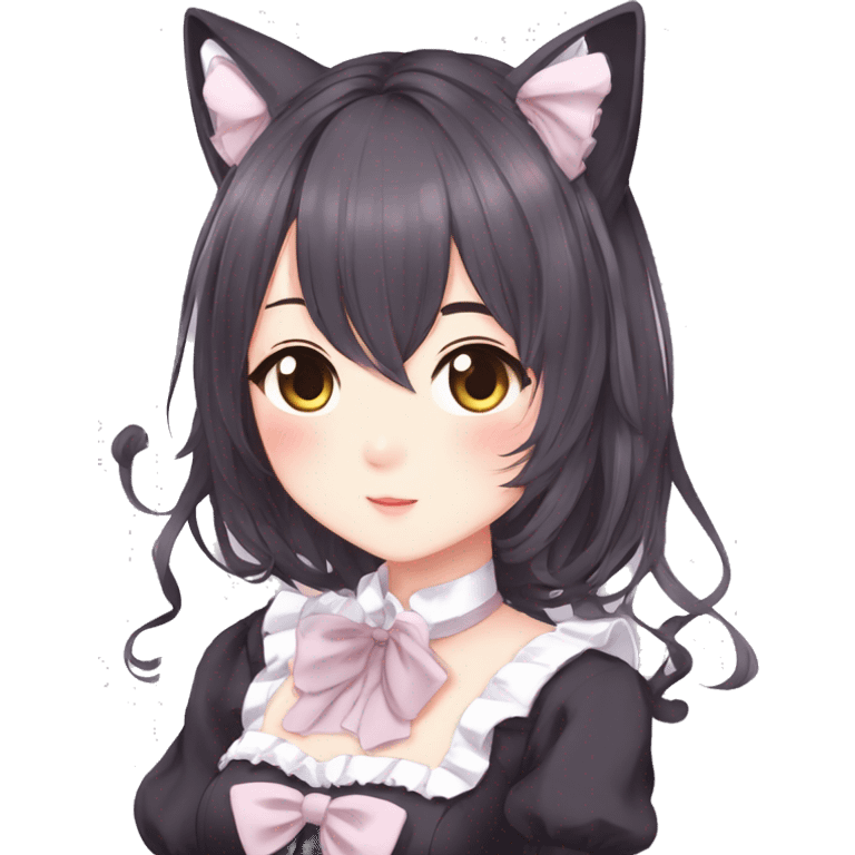 Gorgeous anime style catgirl with blushing face with maid outfit bow tie idol model kawaiicore pearly petite simplistic aesthetic trending style emoji